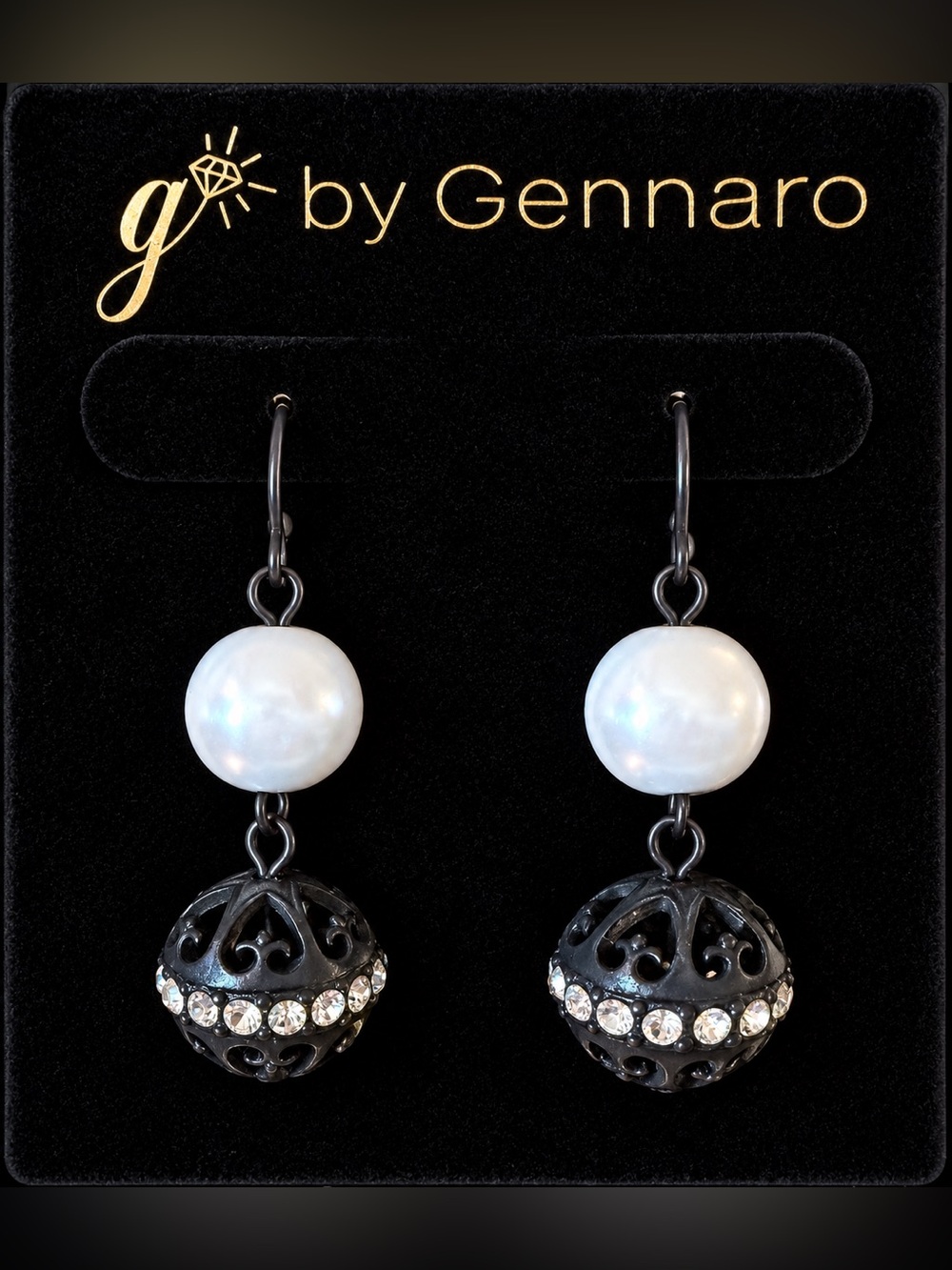 G by Gennaro Dangle Earrings With Faux Pearls and Black Orbs with Rhinestones